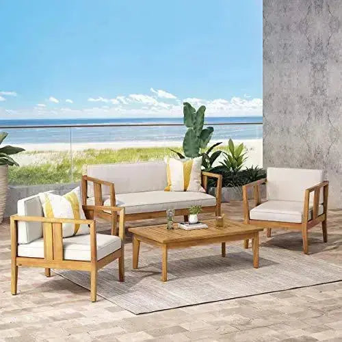 Christopher Knight Home Acacia Wood Outdoor 4-Seater Beatrice Set - Teak and Beige