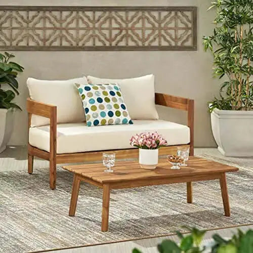 Christopher Knight Home 312396 Alina Outdoor Loveseat Set with Coffee Table - Teak Finish, Beige Christopher Knight Home