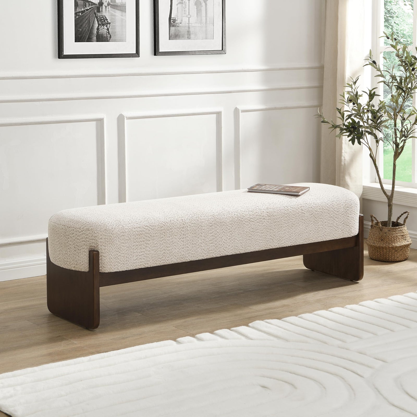 Christopher Knight Home Arden Minimalist Style Rectangular Loop Yarn Fabric Ottoman Bench, Rubberwood Frame, Entryway Bench, Living Room Sofa Extra Seat, End of Bed Footstool, Beige+Brown 
