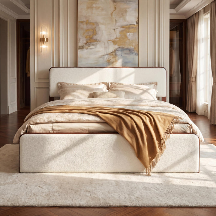 Christopher Knight Home Bette Modern Fabric Upholstered Queen Size Bed Frame with Headboard &amp; Footboard, Wooden Queen Bed Frame, Slat Panel Support Platform Bed, No Spring Box Needed, White+Walnut 