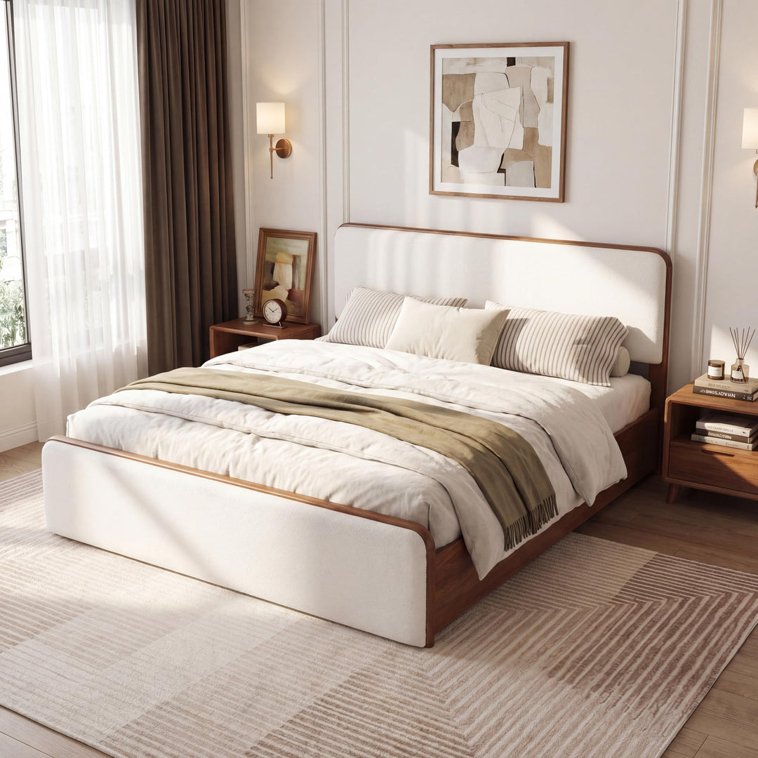 Christopher Knight Home Bette Modern Fabric Upholstered Queen Size Bed Frame with Headboard &amp; Footboard, Wooden Queen Bed Frame, Slat Panel Support Platform Bed, No Spring Box Needed, White+Walnut 