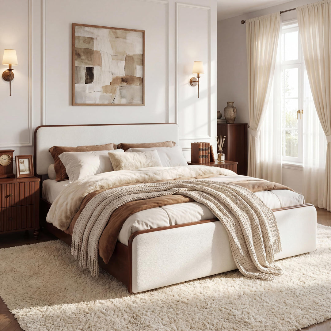Christopher Knight Home Bette Modern Fabric Upholstered Queen Size Bed Frame with Headboard &amp; Footboard, Wooden Queen Bed Frame, Slat Panel Support Platform Bed, No Spring Box Needed, White+Walnut 