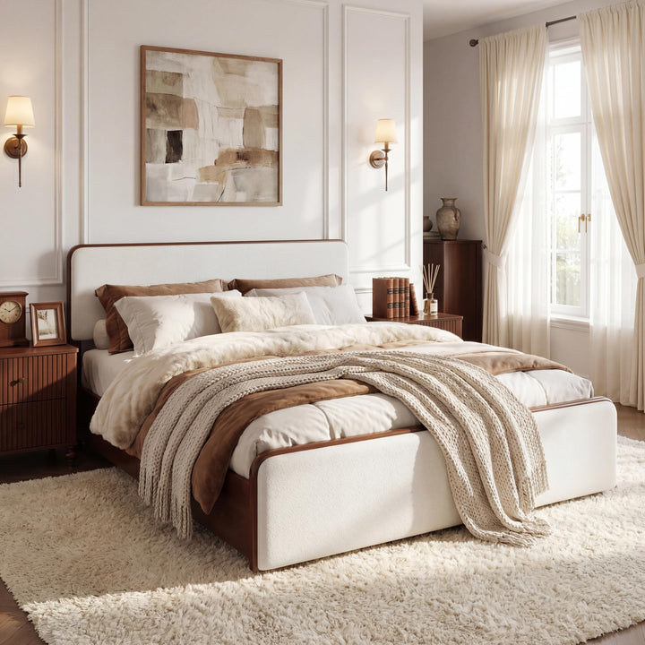 Christopher Knight Home Bette Modern Fabric Upholstered Queen Size Bed Frame with Headboard &amp; Footboard, Wooden Queen Bed Frame, Slat Panel Support Platform Bed, No Spring Box Needed, White+Walnut 