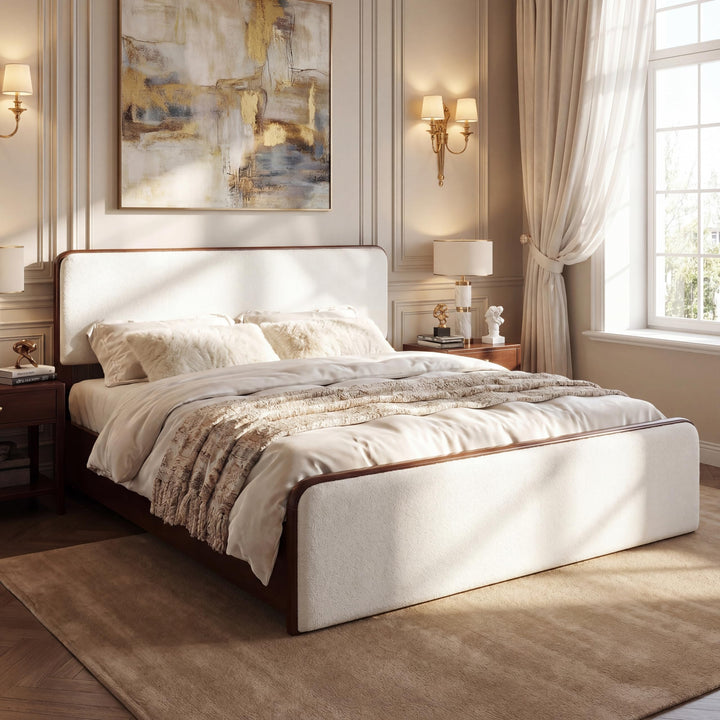 Christopher Knight Home Bette Modern Fabric Upholstered Queen Size Bed Frame with Headboard &amp; Footboard, Wooden Queen Bed Frame, Slat Panel Support Platform Bed, No Spring Box Needed, White+Walnut 