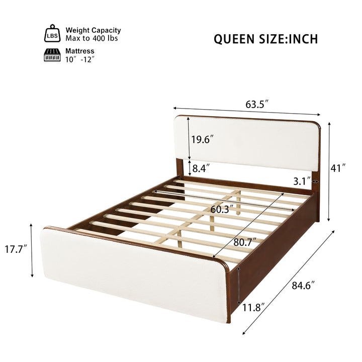 Christopher Knight Home Bette Modern Fabric Upholstered Queen Size Bed Frame with Headboard &amp; Footboard, Wooden Queen Bed Frame, Slat Panel Support Platform Bed, No Spring Box Needed, White+Walnut 