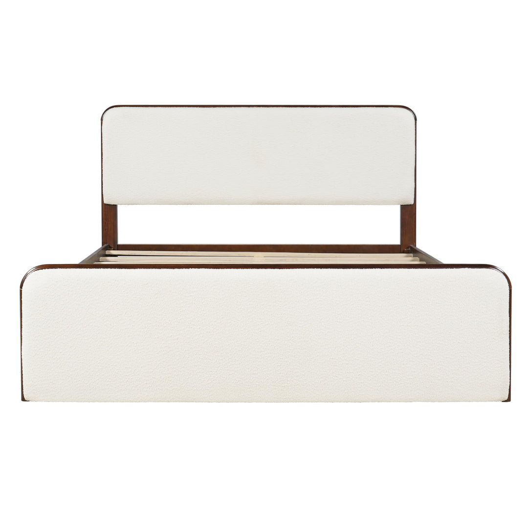 Christopher Knight Home Bette Modern Fabric Upholstered Queen Size Bed Frame with Headboard &amp; Footboard, Wooden Queen Bed Frame, Slat Panel Support Platform Bed, No Spring Box Needed, White+Walnut 