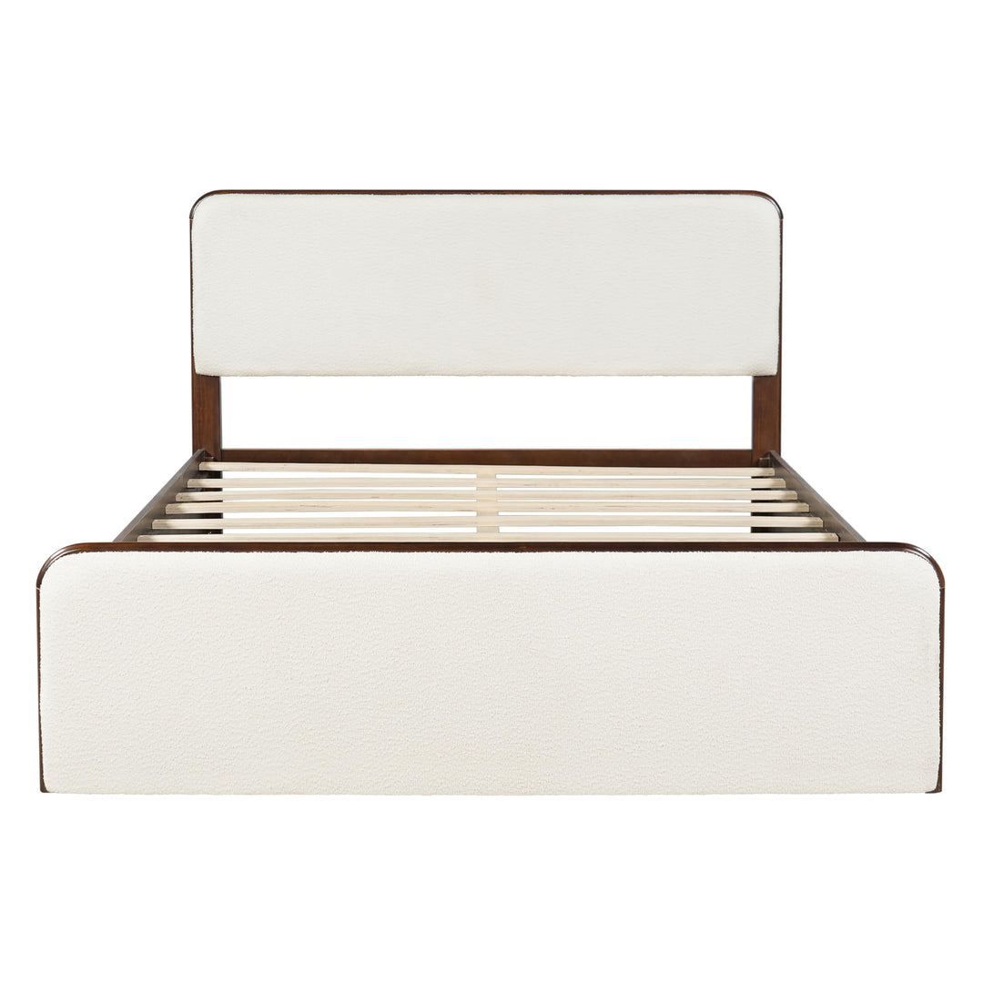 Christopher Knight Home Bette Modern Fabric Upholstered Queen Size Bed Frame with Headboard &amp; Footboard, Wooden Queen Bed Frame, Slat Panel Support Platform Bed, No Spring Box Needed, White+Walnut 