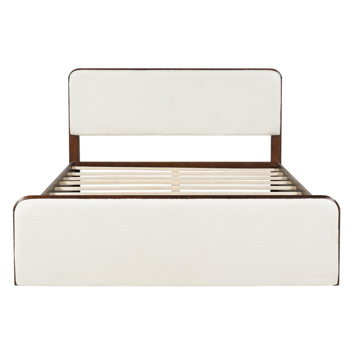 Christopher Knight Home Bette Modern Fabric Upholstered Queen Size Bed Frame with Headboard &amp; Footboard, Wooden Queen Bed Frame, Slat Panel Support Platform Bed, No Spring Box Needed, White+Walnut 