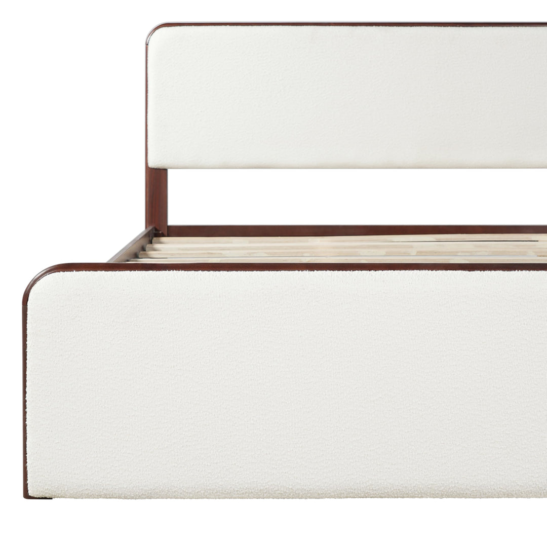 Christopher Knight Home Bette Modern Fabric Upholstered Queen Size Bed Frame with Headboard &amp; Footboard, Wooden Queen Bed Frame, Slat Panel Support Platform Bed, No Spring Box Needed, White+Walnut 