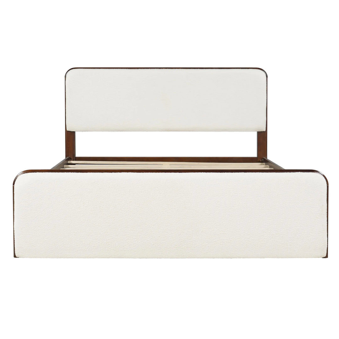 Christopher Knight Home Bette Modern Fabric Upholstered Queen Size Bed Frame with Headboard &amp; Footboard, Wooden Queen Bed Frame, Slat Panel Support Platform Bed, No Spring Box Needed, White+Walnut 