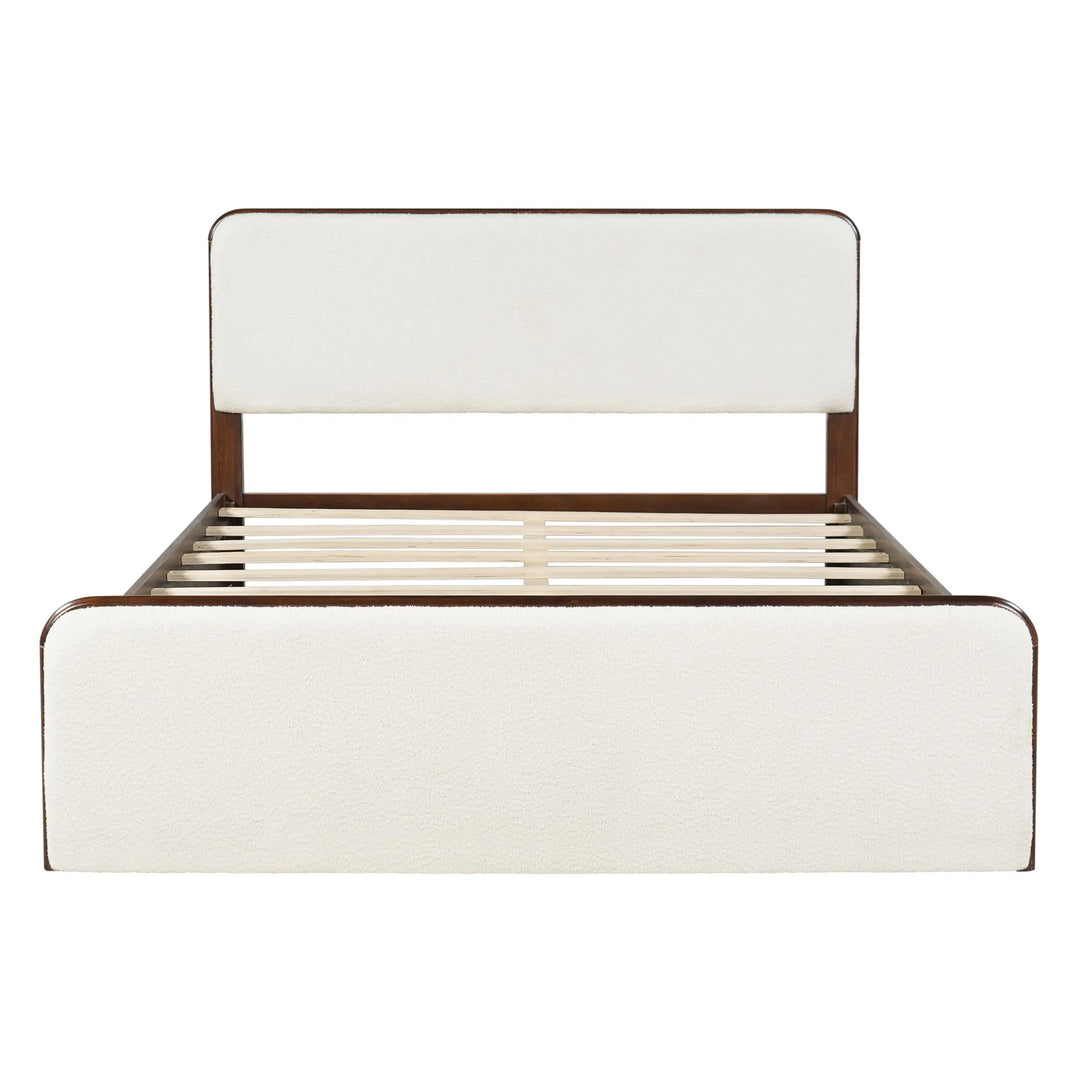 Christopher Knight Home Bette Modern Fabric Upholstered Queen Size Bed Frame with Headboard &amp; Footboard, Wooden Queen Bed Frame, Slat Panel Support Platform Bed, No Spring Box Needed, White+Walnut 
