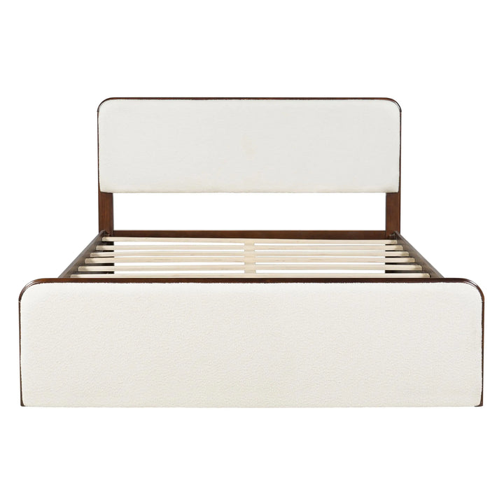 Christopher Knight Home Bette Modern Fabric Upholstered Queen Size Bed Frame with Headboard &amp; Footboard, Wooden Queen Bed Frame, Slat Panel Support Platform Bed, No Spring Box Needed, White+Walnut 