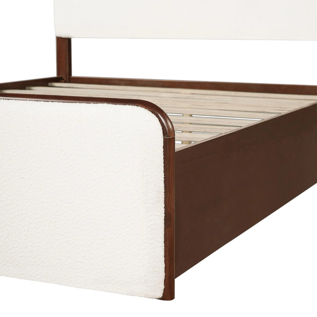 Christopher Knight Home Bette Modern Fabric Upholstered Queen Size Bed Frame with Headboard &amp; Footboard, Wooden Queen Bed Frame, Slat Panel Support Platform Bed, No Spring Box Needed, White+Walnut 