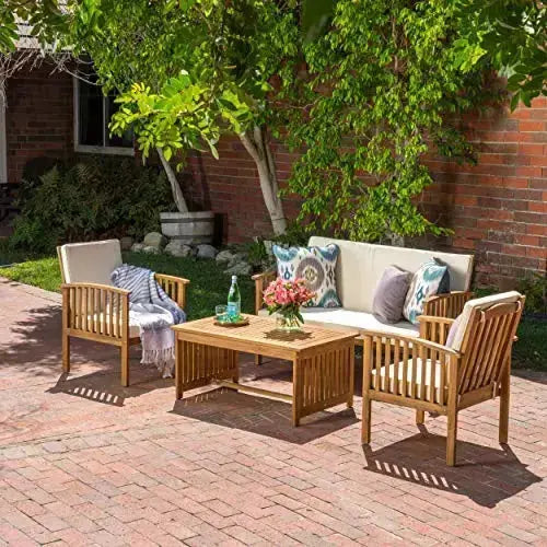 Christopher Knight Home Carolina Outdoor Acacia Sofa 4-Piece Set - Brown Patina + Cream Cushion