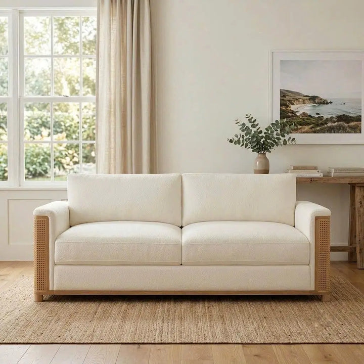 Christopher Knight Home Jetta Organic Modern Bouclé Sofa, 3-Seater with Woven Cane Arms