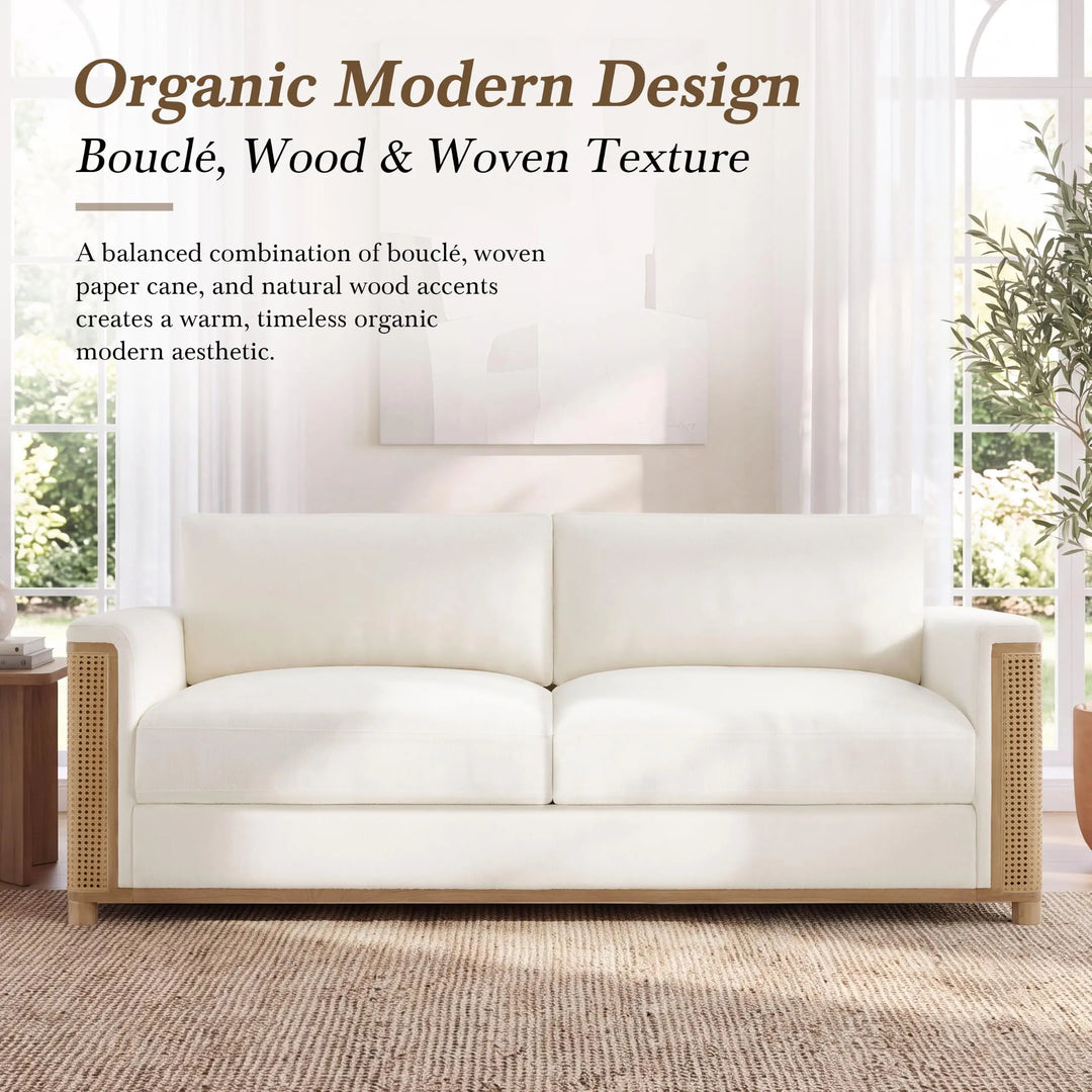Christopher Knight Home Jetta Organic Modern Bouclé Sofa, 3-Seater with Woven Cane Arms