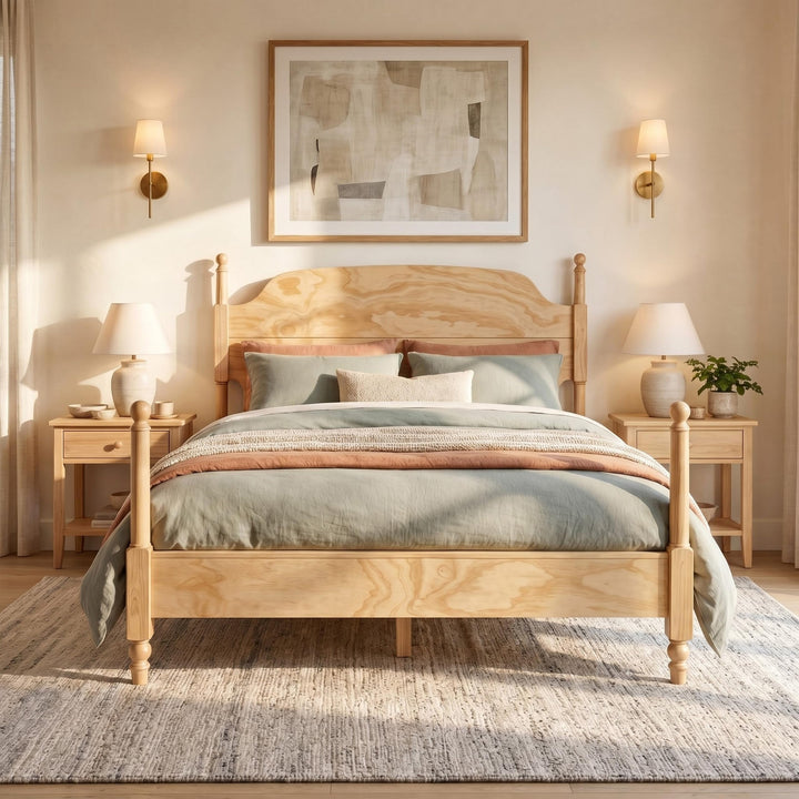 Christopher Knight Home Kane Wooden Queen Bed Frame with Headboard, Farmhouse Queen Size Bed Frame and Arched Headboard, 4-Poster Queen Bedframe with Slats Support, No Box Spring Needed, Natural 
