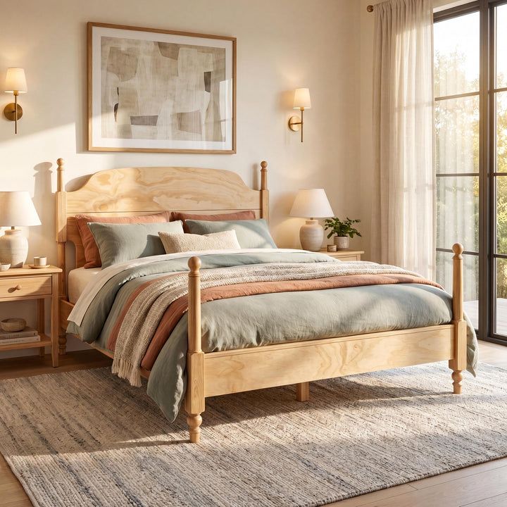 Christopher Knight Home Kane Wooden Queen Bed Frame with Headboard, Farmhouse Queen Size Bed Frame and Arched Headboard, 4-Poster Queen Bedframe with Slats Support, No Box Spring Needed, Natural 