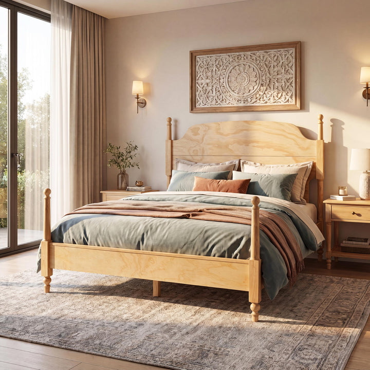 Christopher Knight Home Kane Wooden Queen Bed Frame with Headboard, Farmhouse Queen Size Bed Frame and Arched Headboard, 4-Poster Queen Bedframe with Slats Support, No Box Spring Needed, Natural 
