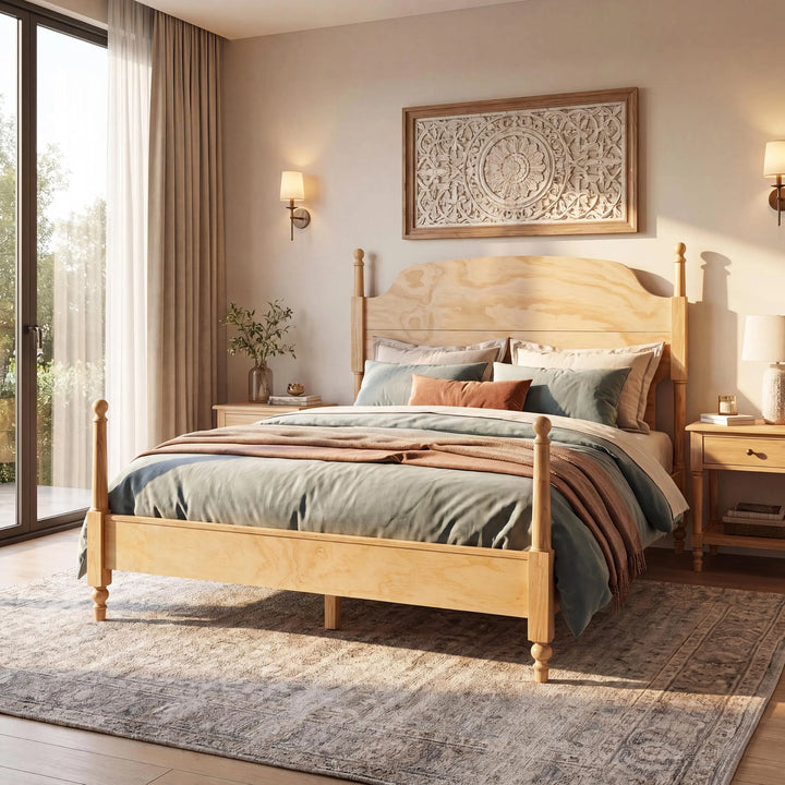 Christopher Knight Home Kane Wooden Queen Bed Frame with Headboard, Farmhouse Queen Size Bed Frame and Arched Headboard, 4-Poster Queen Bedframe with Slats Support, No Box Spring Needed, Natural 