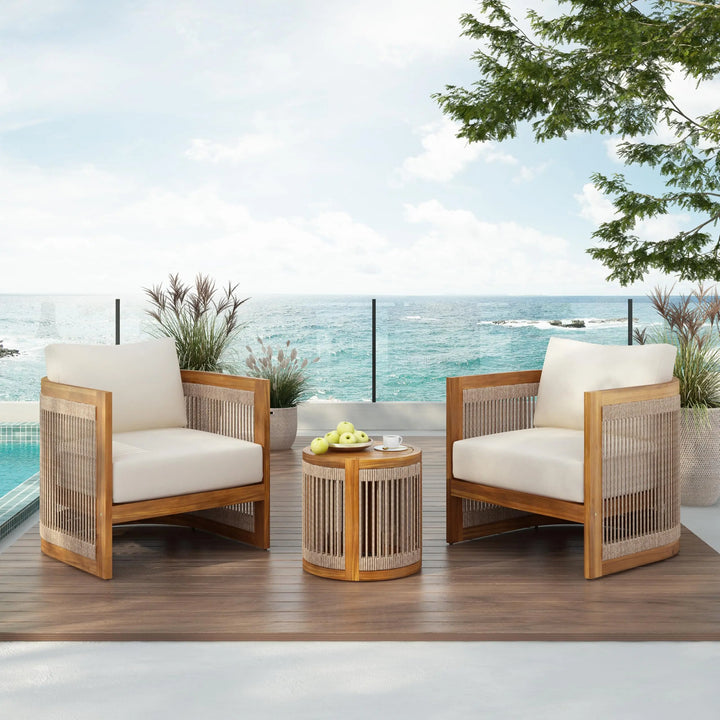 Christopher Knight Home Malphite 3 Pieces Conversation Set, Acacia Wood Chat Set, Round Coffee Table and Woven Rope Accent Chairs, Slat Design Patio Furniture Set for Backyard Garden, Beige + Teak 