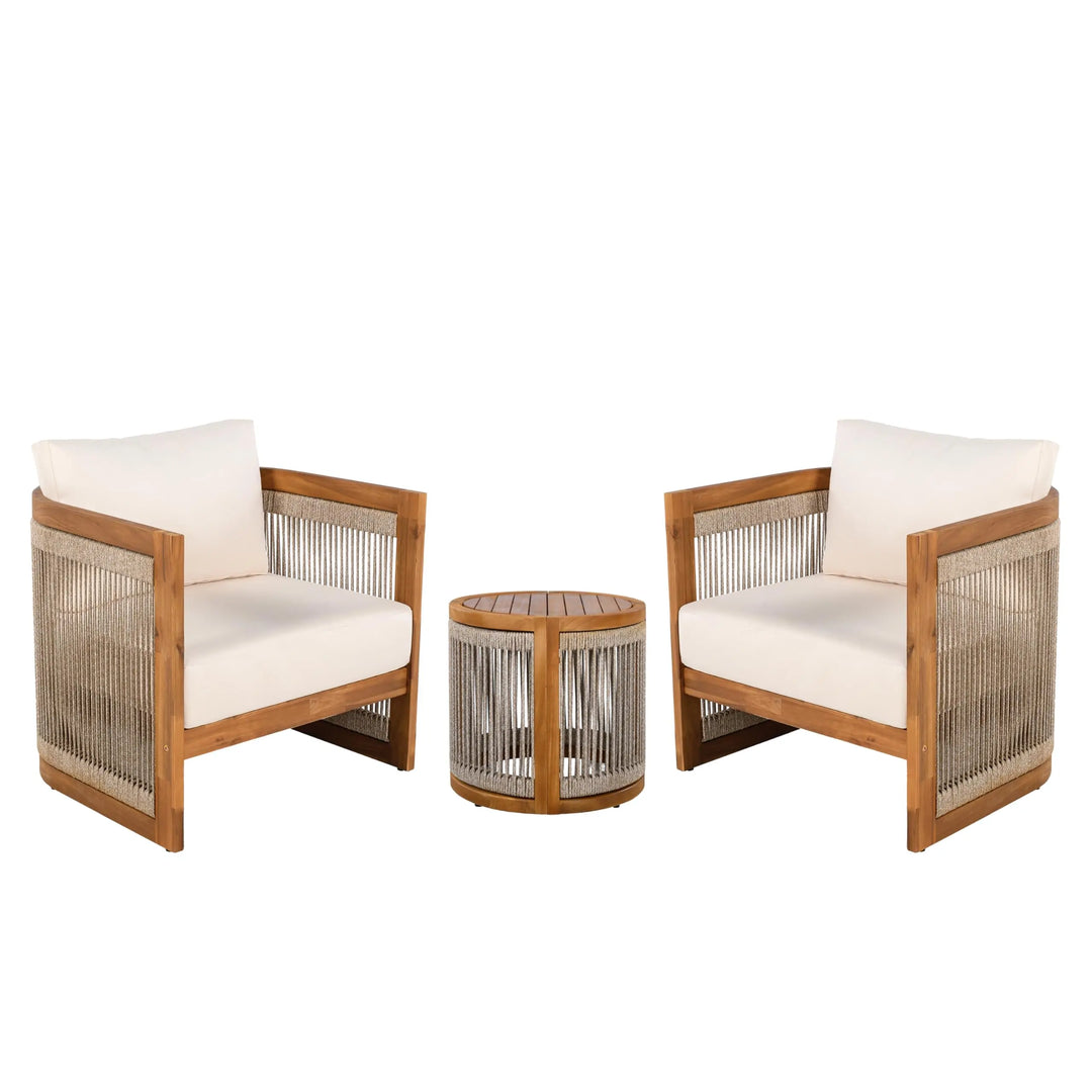 Christopher Knight Home Malphite 3 Pieces Conversation Set, Acacia Wood Chat Set, Round Coffee Table and Woven Rope Accent Chairs, Slat Design Patio Furniture Set for Backyard Garden, Beige + Teak 
