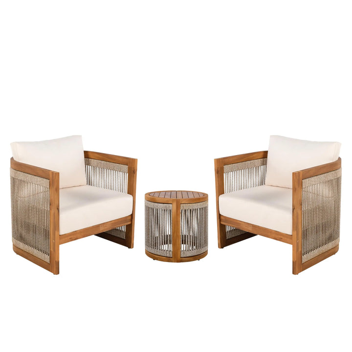Christopher Knight Home Malphite 3 Pieces Conversation Set, Acacia Wood Chat Set, Round Coffee Table and Woven Rope Accent Chairs, Slat Design Patio Furniture Set for Backyard Garden, Beige + Teak 