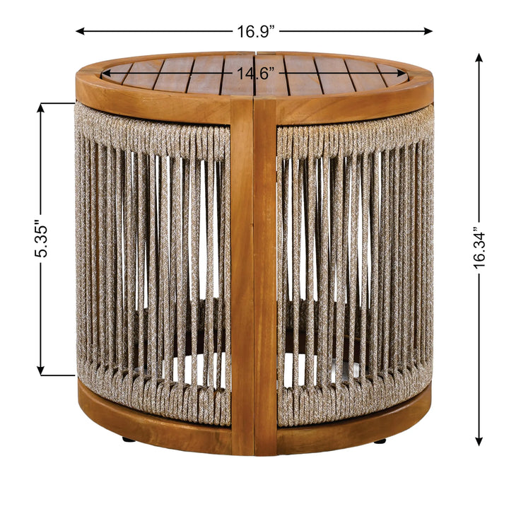Christopher Knight Home Malphite 3 Pieces Conversation Set, Acacia Wood Chat Set, Round Coffee Table and Woven Rope Accent Chairs, Slat Design Patio Furniture Set for Backyard Garden, Beige + Teak 