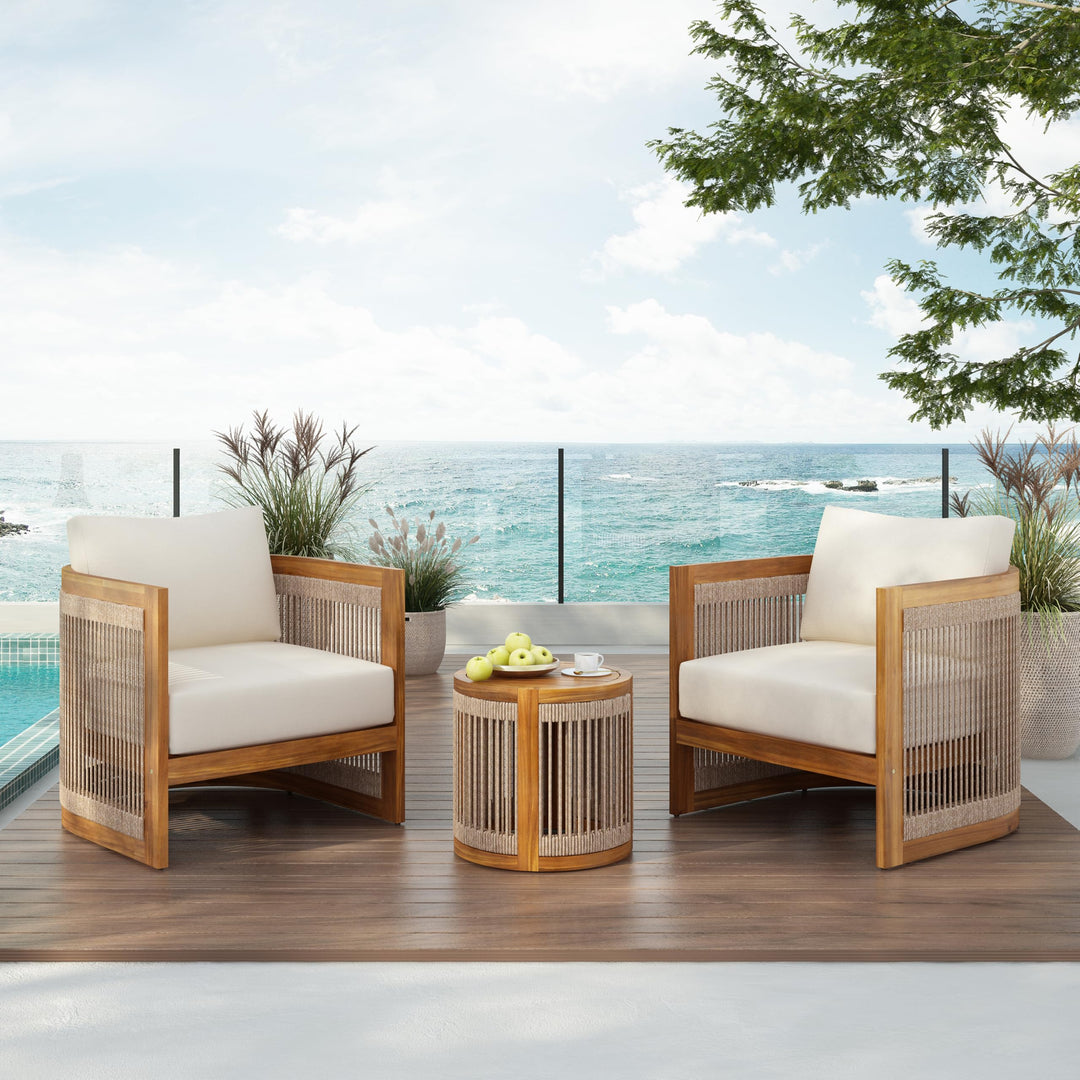 Christopher Knight Home Malphite 3 Pieces Conversation Set, Acacia Wood Chat Set, Round Coffee Table and Woven Rope Accent Chairs, Slat Design Patio Furniture Set for Backyard Garden, Beige + Teak 