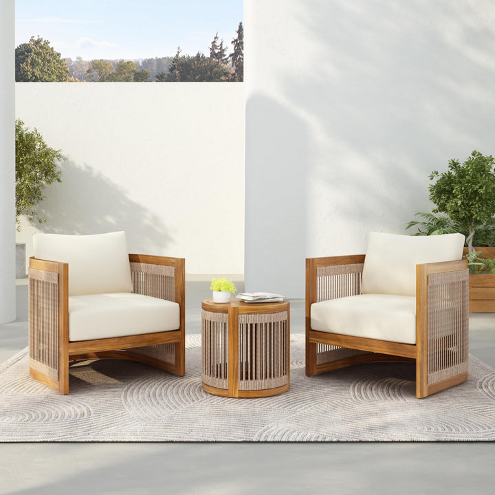 Christopher Knight Home Malphite 3 Pieces Conversation Set, Acacia Wood Chat Set, Round Coffee Table and Woven Rope Accent Chairs, Slat Design Patio Furniture Set for Backyard Garden, Beige + Teak 