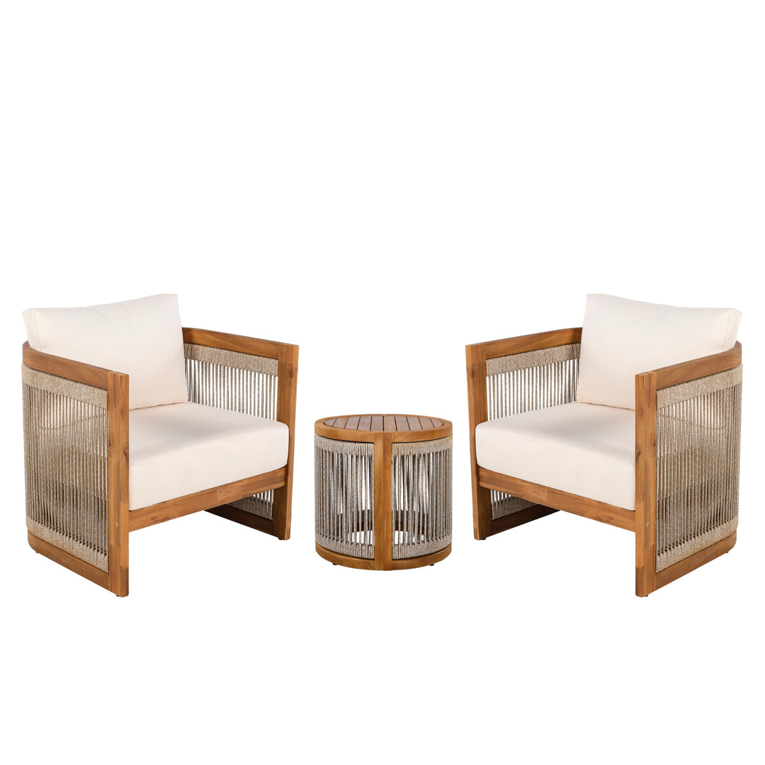 Christopher Knight Home Malphite 3 Pieces Conversation Set, Acacia Wood Chat Set, Round Coffee Table and Woven Rope Accent Chairs, Slat Design Patio Furniture Set for Backyard Garden, Beige + Teak 