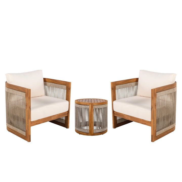 Christopher Knight Home Malphite 3 Pieces Conversation Set, Acacia Wood Chat Set, Round Coffee Table and Woven Rope Accent Chairs, Slat Design Patio Furniture Set for Backyard Garden, Beige + Teak 