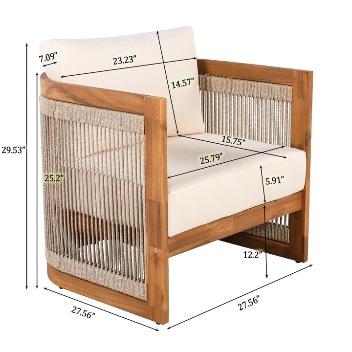 Christopher Knight Home Malphite 3 Pieces Conversation Set, Acacia Wood Chat Set, Round Coffee Table and Woven Rope Accent Chairs, Slat Design Patio Furniture Set for Backyard Garden, Beige + Teak 