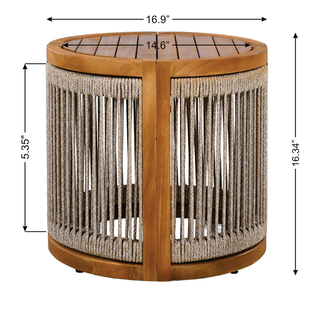 Christopher Knight Home Malphite 3 Pieces Conversation Set, Acacia Wood Chat Set, Round Coffee Table and Woven Rope Accent Chairs, Slat Design Patio Furniture Set for Backyard Garden, Beige + Teak 