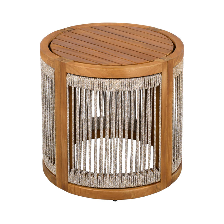 Christopher Knight Home Malphite 3 Pieces Conversation Set, Acacia Wood Chat Set, Round Coffee Table and Woven Rope Accent Chairs, Slat Design Patio Furniture Set for Backyard Garden, Beige + Teak 