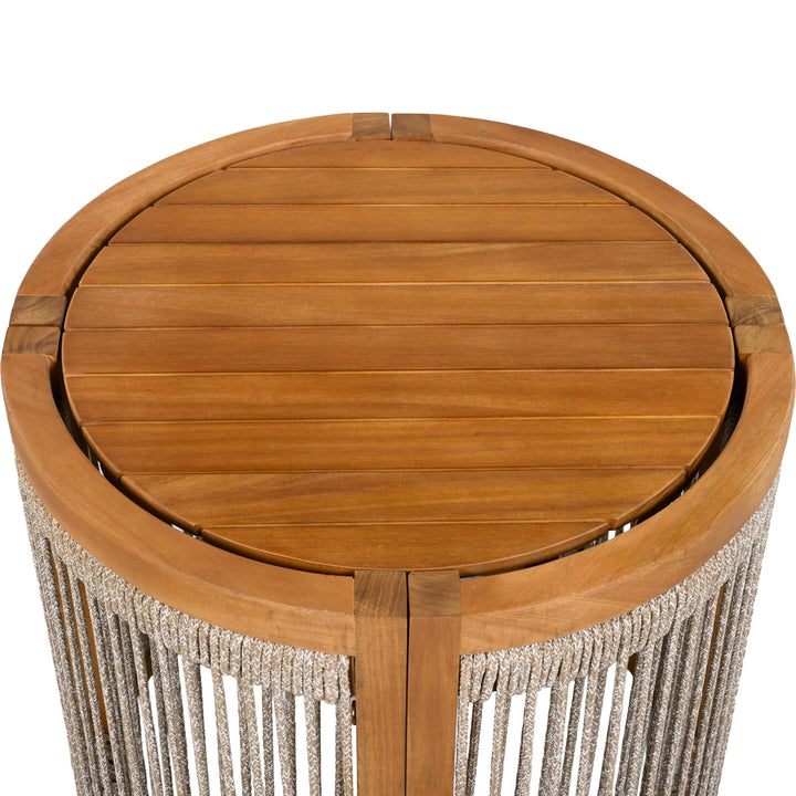 Christopher Knight Home Malphite 3 Pieces Conversation Set, Acacia Wood Chat Set, Round Coffee Table and Woven Rope Accent Chairs, Slat Design Patio Furniture Set for Backyard Garden, Beige + Teak 