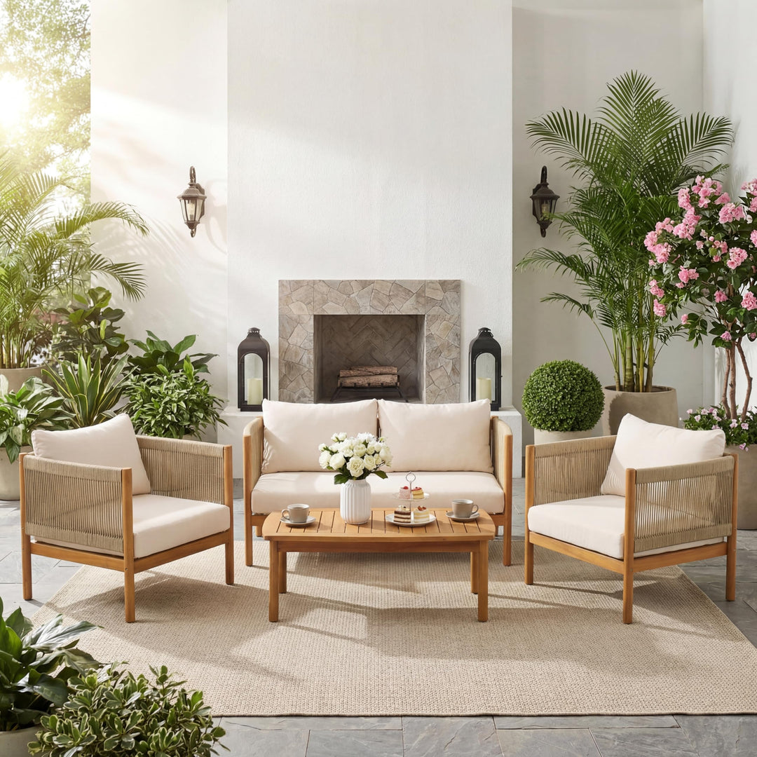 Christopher Knight Home Mayeq 4-Piece Acacia Wood Patio Furniture Set, Outdoor Conversation Sofa Set with Club Chair and Coffee Table, Patio Sectional Chat Set for Backyard Balcony, Teak+Cream 