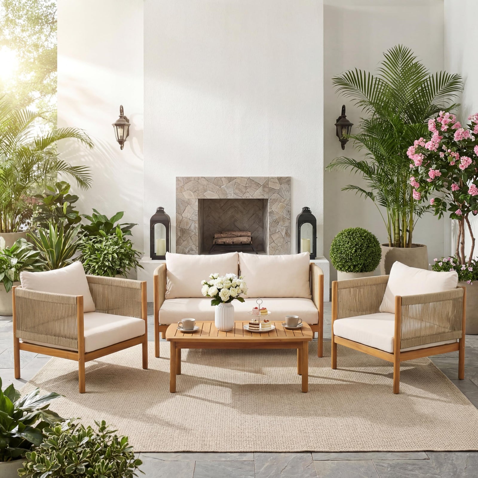 Christopher Knight Home Mayeq 4-Piece Acacia Wood Patio Furniture Set, Outdoor Conversation Sofa Set with Club Chair and Coffee Table, Patio Sectional Chat Set for Backyard Balcony, Teak+Cream 
