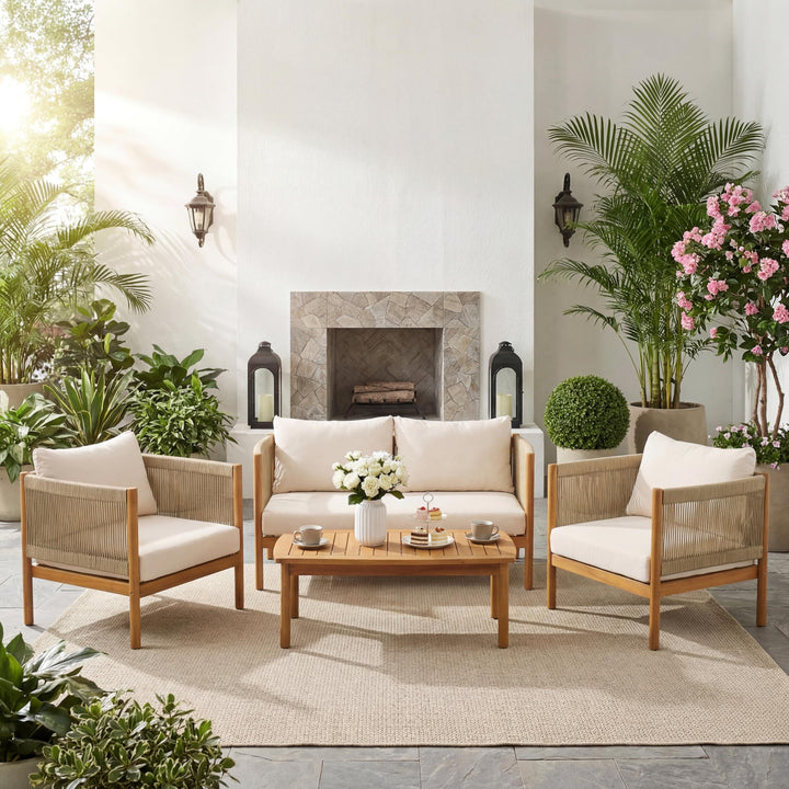 Christopher Knight Home Mayeq 4-Piece Acacia Wood Patio Furniture Set, Outdoor Conversation Sofa Set with Club Chair and Coffee Table, Patio Sectional Chat Set for Backyard Balcony, Teak+Cream 