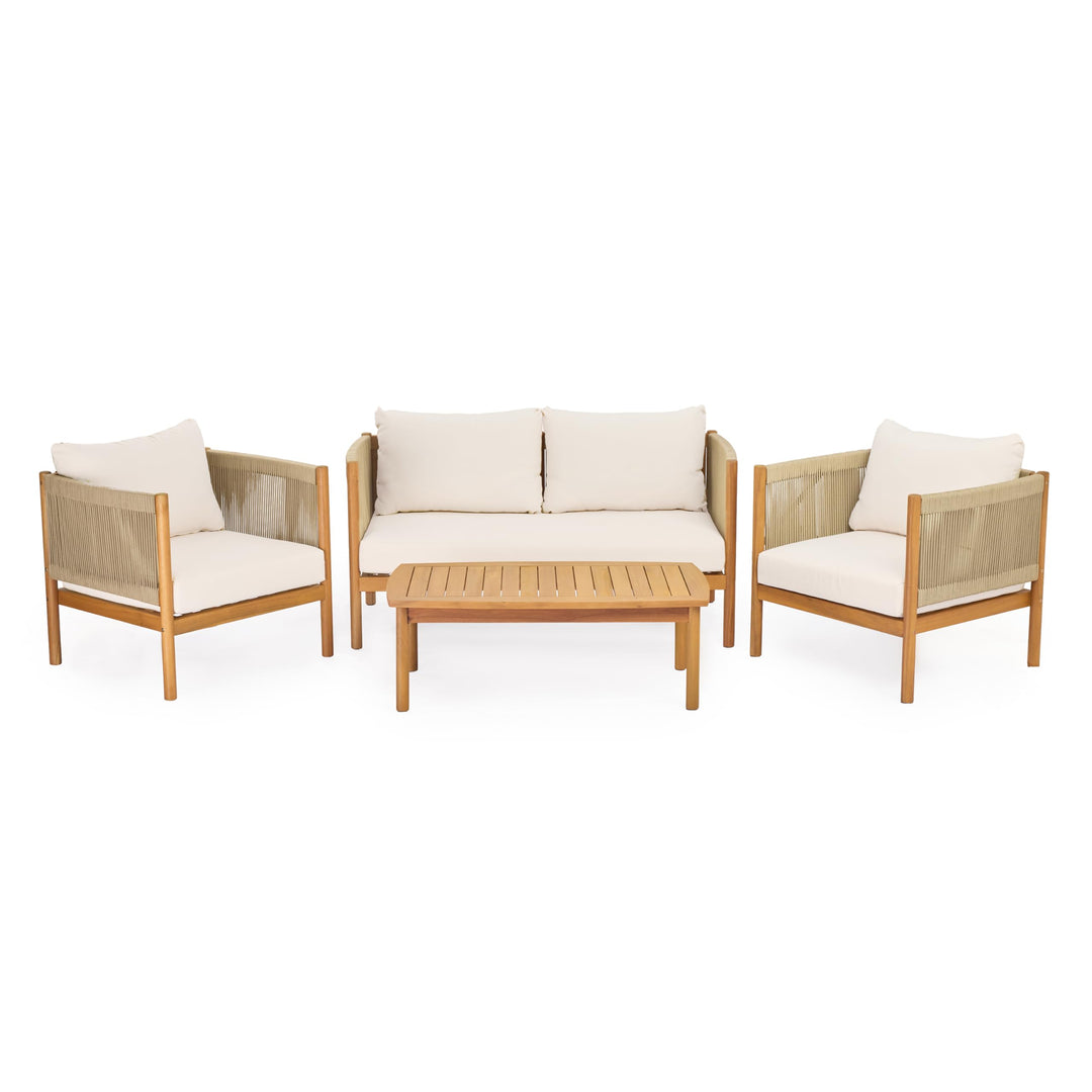 Christopher Knight Home Mayeq 4-Piece Acacia Wood Patio Furniture Set, Outdoor Conversation Sofa Set with Club Chair and Coffee Table, Patio Sectional Chat Set for Backyard Balcony, Teak+Cream 