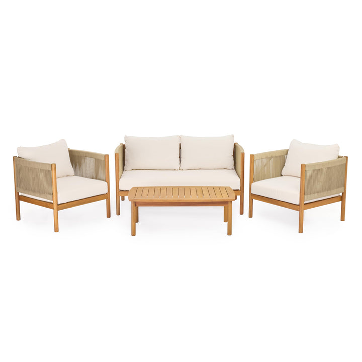 Christopher Knight Home Mayeq 4-Piece Acacia Wood Patio Furniture Set, Outdoor Conversation Sofa Set with Club Chair and Coffee Table, Patio Sectional Chat Set for Backyard Balcony, Teak+Cream 