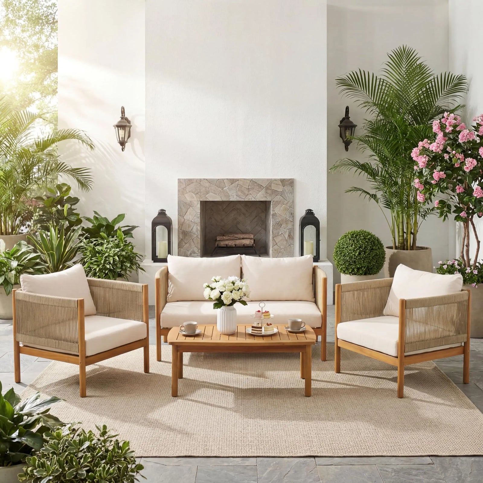 Christopher Knight Home Mayeq 4-Piece Acacia Wood Patio Furniture Set, Outdoor Conversation Sofa Set with Club Chair and Coffee Table, Patio Sectional Chat Set for Backyard Balcony, Teak+Cream 