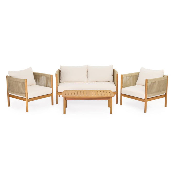 Christopher Knight Home Mayeq 4-Piece Acacia Wood Patio Furniture Set, Outdoor Conversation Sofa Set with Club Chair and Coffee Table, Patio Sectional Chat Set for Backyard Balcony, Teak+Cream 
