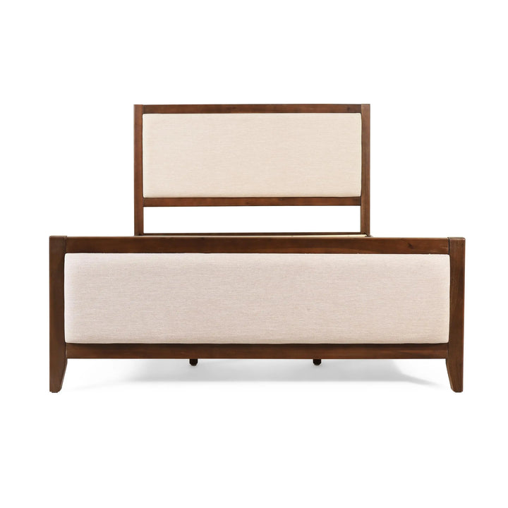 Christopher Knight Home Milas Upholstered Queen Size Bed Frame with Headboard, Mid-Century Modern Queen Bed Frame and Headboard, Wooden Slat Support, No Box Spring Needed, Beige+Light Brown 