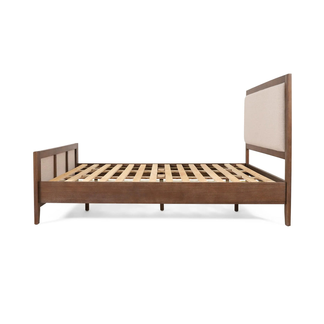 Christopher Knight Home Milas Upholstered Queen Size Bed Frame with Headboard, Mid-Century Modern Queen Bed Frame and Headboard, Wooden Slat Support, No Box Spring Needed, Beige+Light Brown 