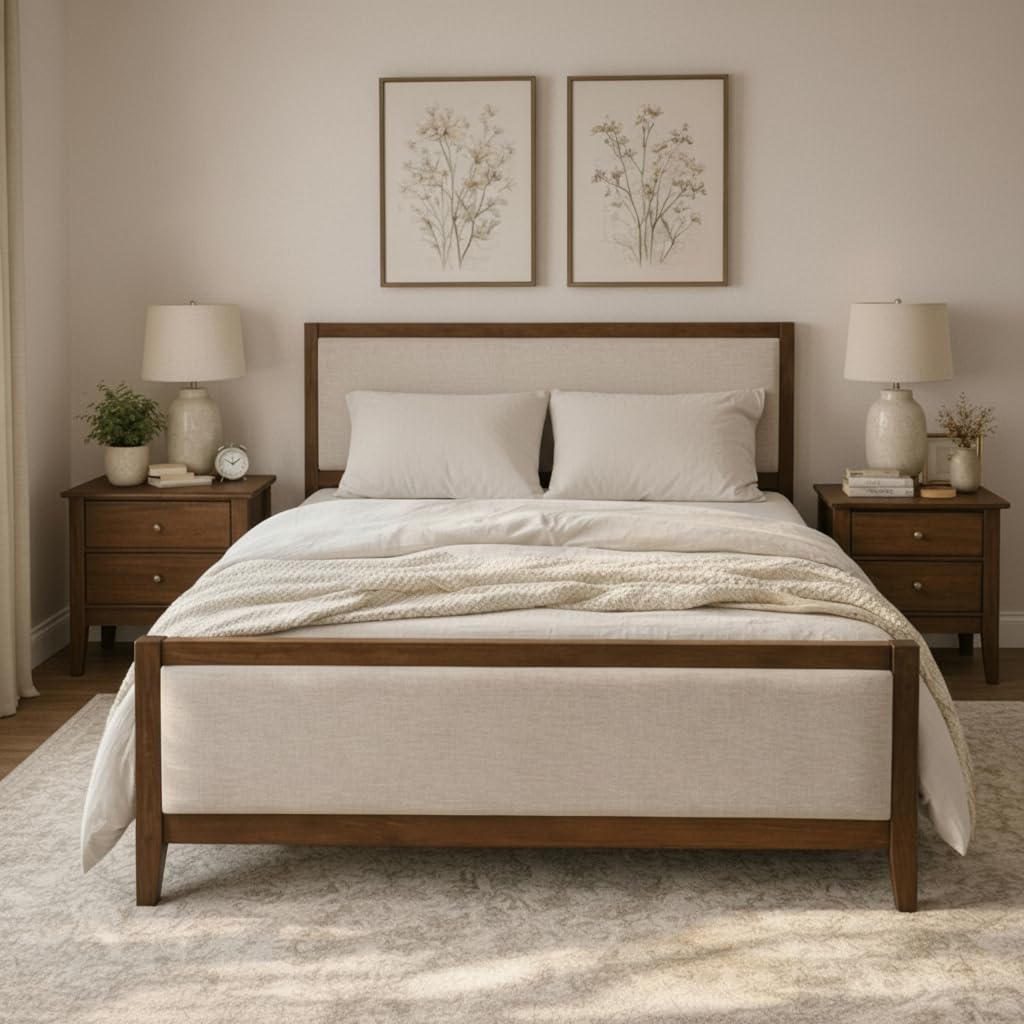 Christopher Knight Home Milas Upholstered Queen Size Bed Frame with Headboard, Mid-Century Modern Queen Bed Frame and Headboard, Wooden Slat Support, No Box Spring Needed, Beige+Light Brown 