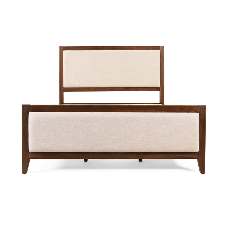 Christopher Knight Home Milas Upholstered Queen Size Bed Frame with Headboard, Mid-Century Modern Queen Bed Frame and Headboard, Wooden Slat Support, No Box Spring Needed, Beige+Light Brown 
