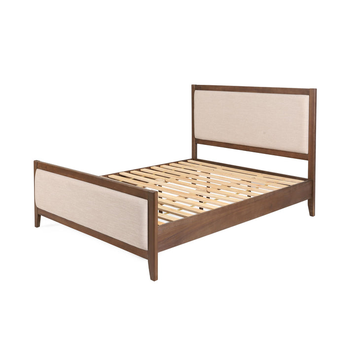 Christopher Knight Home Milas Upholstered Queen Size Bed Frame with Headboard, Mid-Century Modern Queen Bed Frame and Headboard, Wooden Slat Support, No Box Spring Needed, Beige+Light Brown 