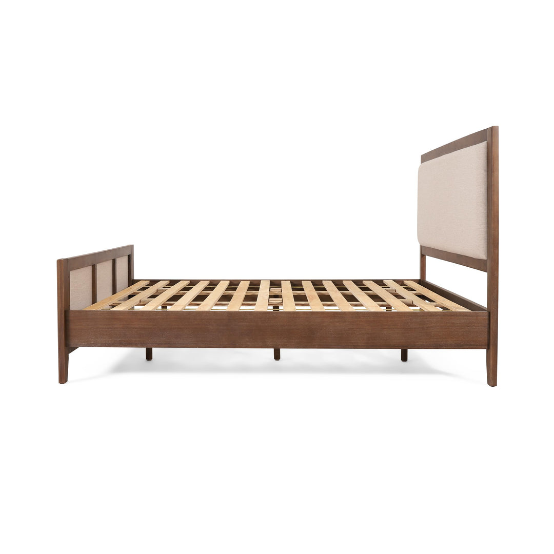 Christopher Knight Home Milas Upholstered Queen Size Bed Frame with Headboard, Mid-Century Modern Queen Bed Frame and Headboard, Wooden Slat Support, No Box Spring Needed, Beige+Light Brown 