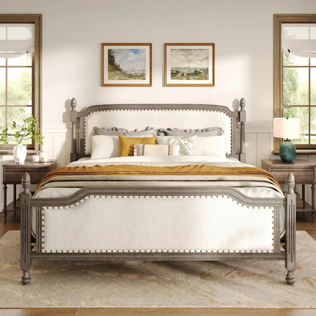 Christopher Knight Home Ronie Linen Queen Size Bed Frame with Headboard, Mid-Century Modern Queen Bed Frame and Headboard, Wooden Slat Support, No Box Spring Needed, Gray+Beige 